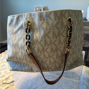 Michael Kors Beige Monogram Tote with Gold Accents